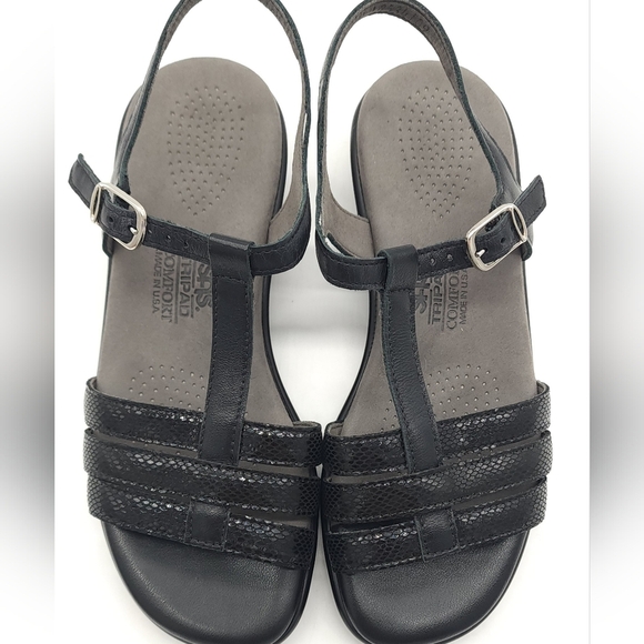 SAS Capri Sandal Black Snake Leather T-Strap Open Toe Comfort Size 6.5 WW - Picture 8 of 9